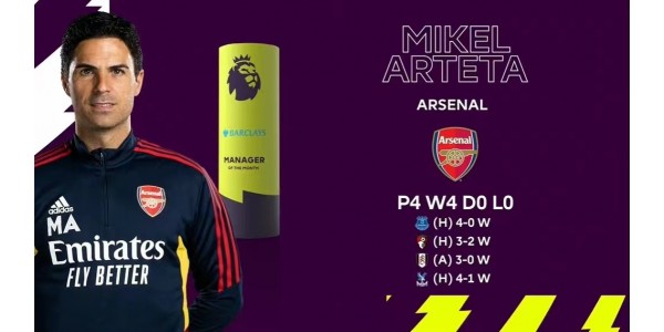 Arteta eleito o Gerente do Mês da Premier League